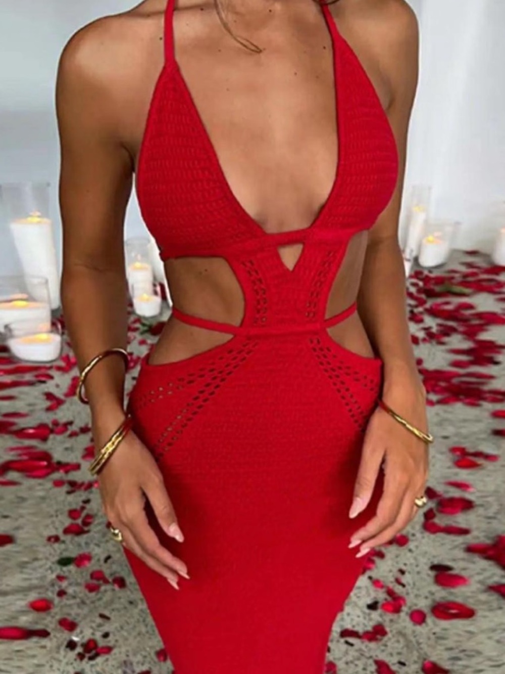 Red Maxi Crochet Backless Dress